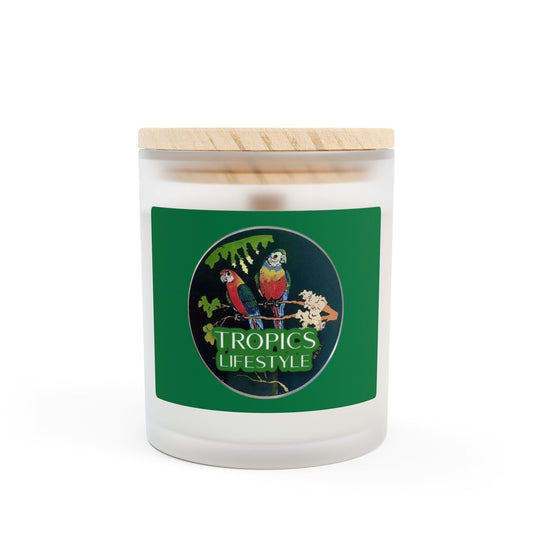 Frosted Glass Candle, 11oz - Two Brazilian Parrots, Dark Green