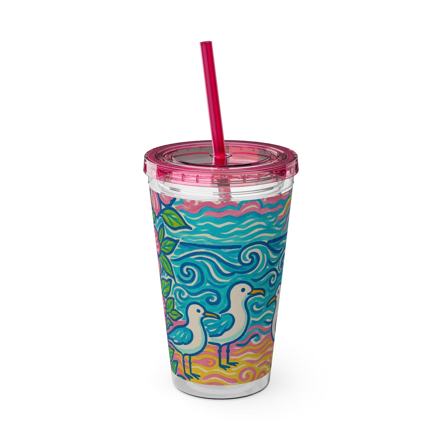 Tropical Tumbler with Straw | 16oz Colorful Travel Cup / Tropical Beach Seagulls