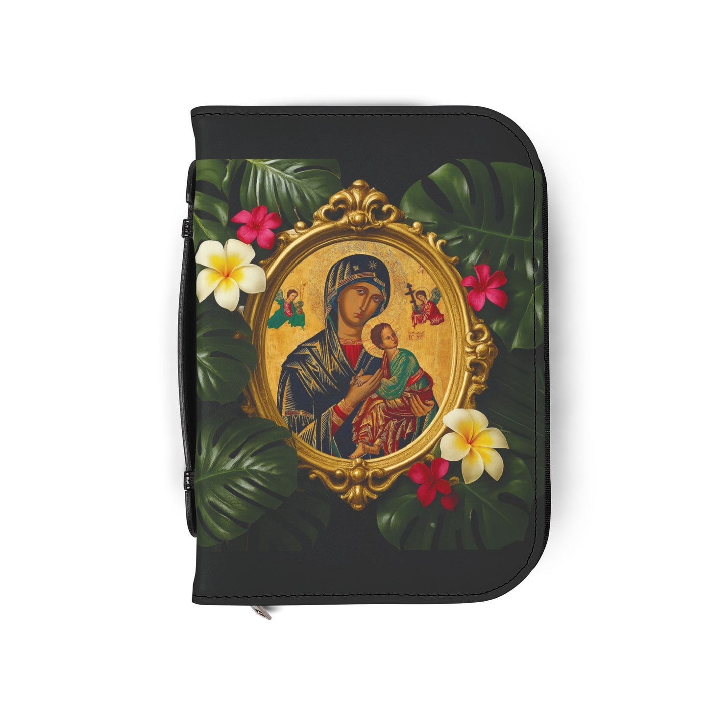 Tropical Bible Cover, Our Lady of Perpetual Help Black / Floral Bible Protector, Church Accessories