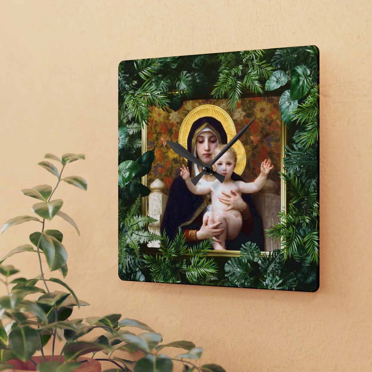 "Tropical Rainforest Madonna of Lilies" Acrylic Wall Clock - Elegant Religious Decor for Home and Office