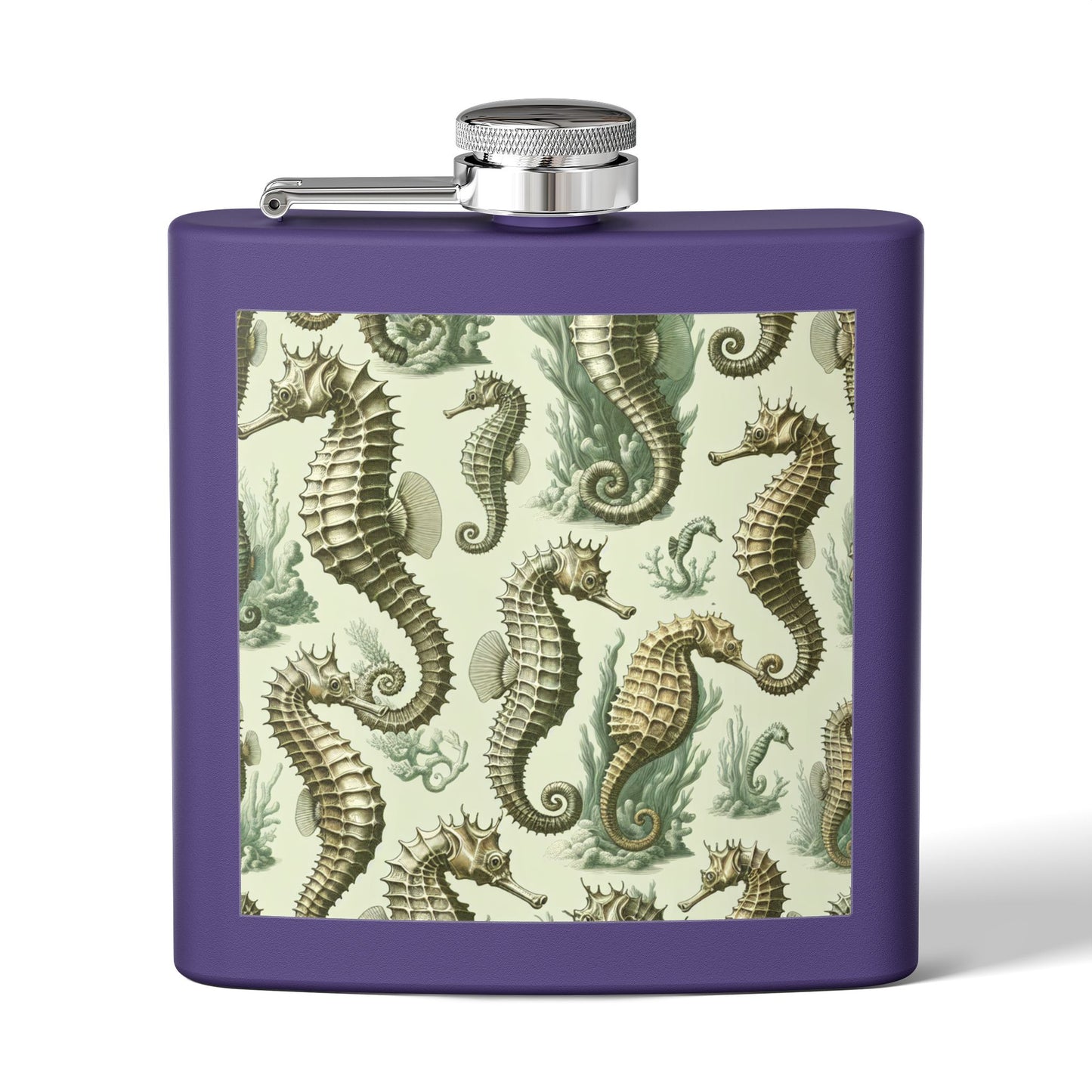 Tropical Stainless Steel 6 oz. Flask, Many Colors  – Green Toile Seahorses