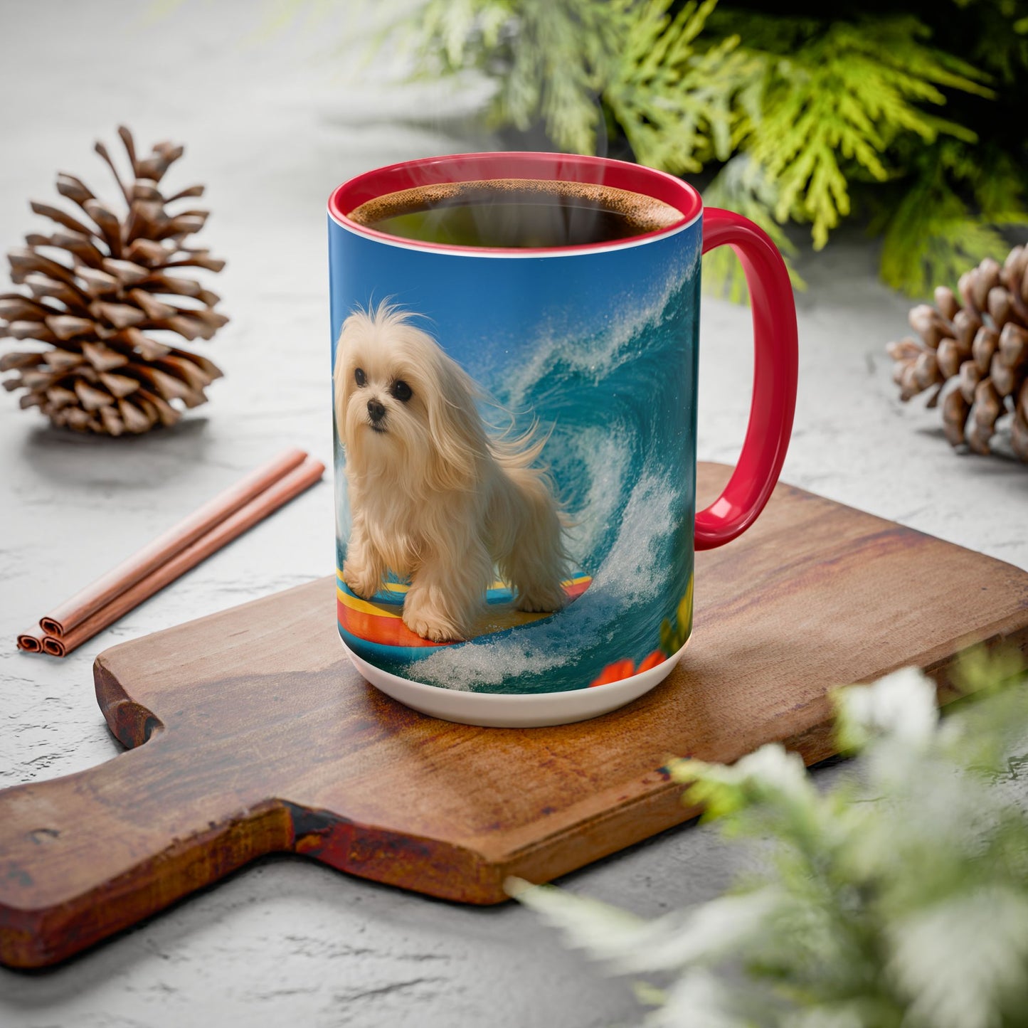 Vibrant Beach Coffee Mug - 11oz & 15oz / Puppy Ariel the Dog Surfer