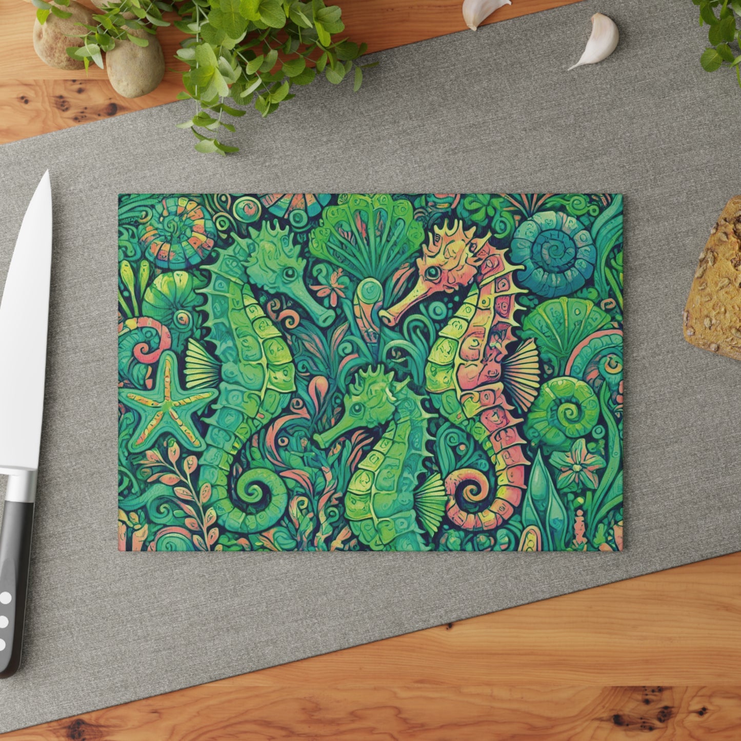 Glass Cutting Board, 2 sizes - Seahorses, Lime