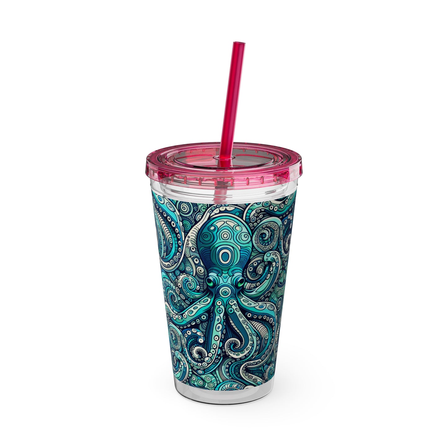 Tropical Tumbler with Straw | 16oz Colorful Travel Cup / Aqua Octopus