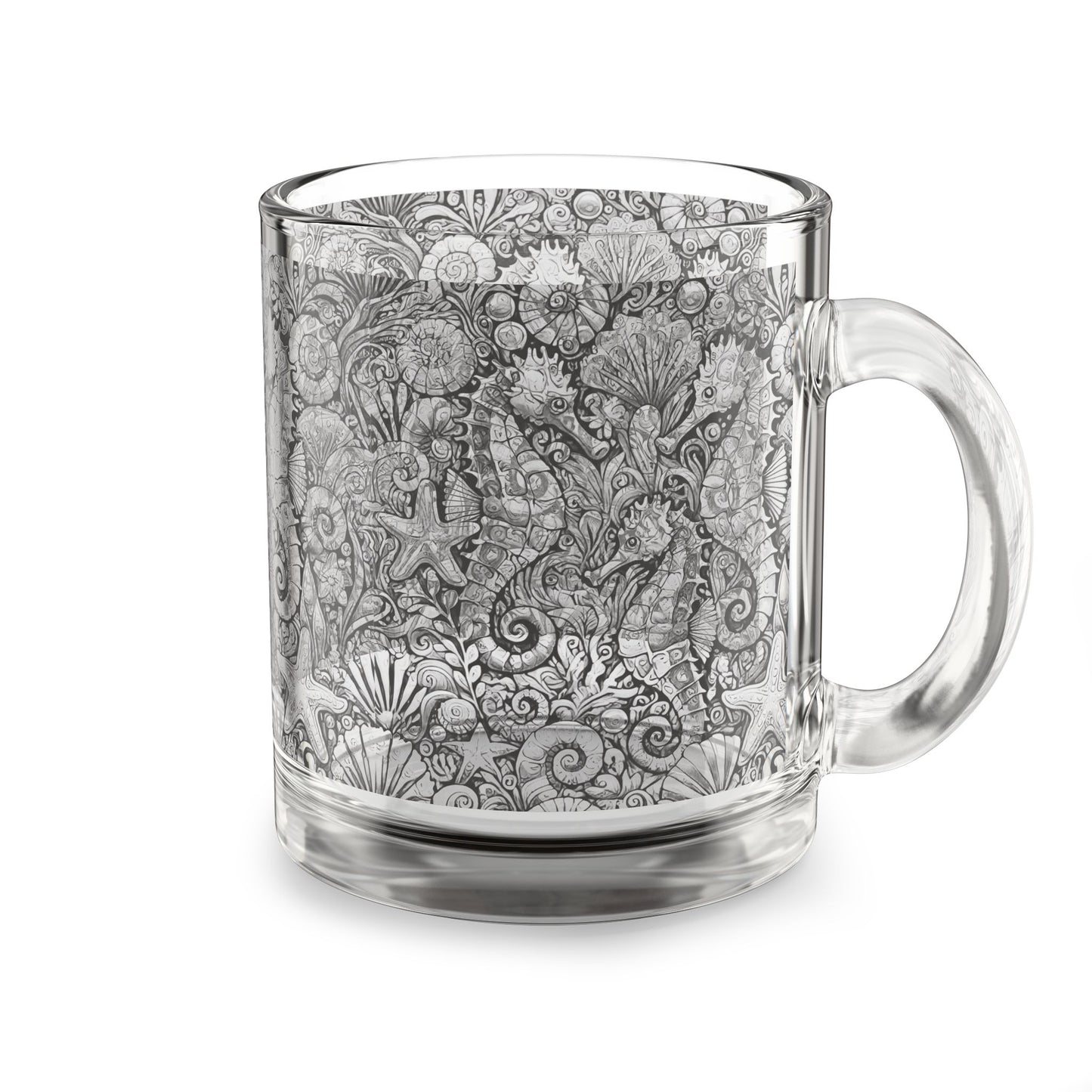 Tropical Glass Mug - 10oz Coffee Cup / Seahorses, Noir