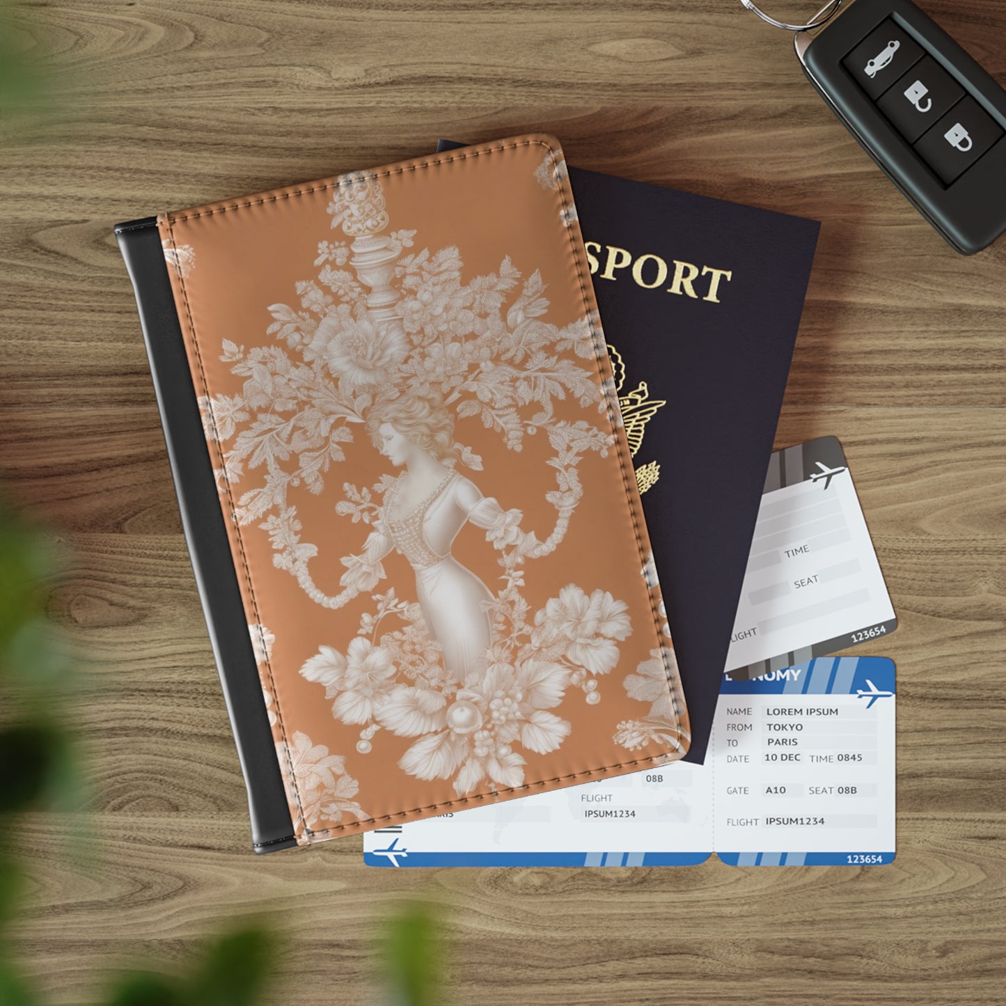 Copy of Tropical Passport Cover, Faux Leather - RFID blocking for travel security / Pearl Lady Toile, Melon