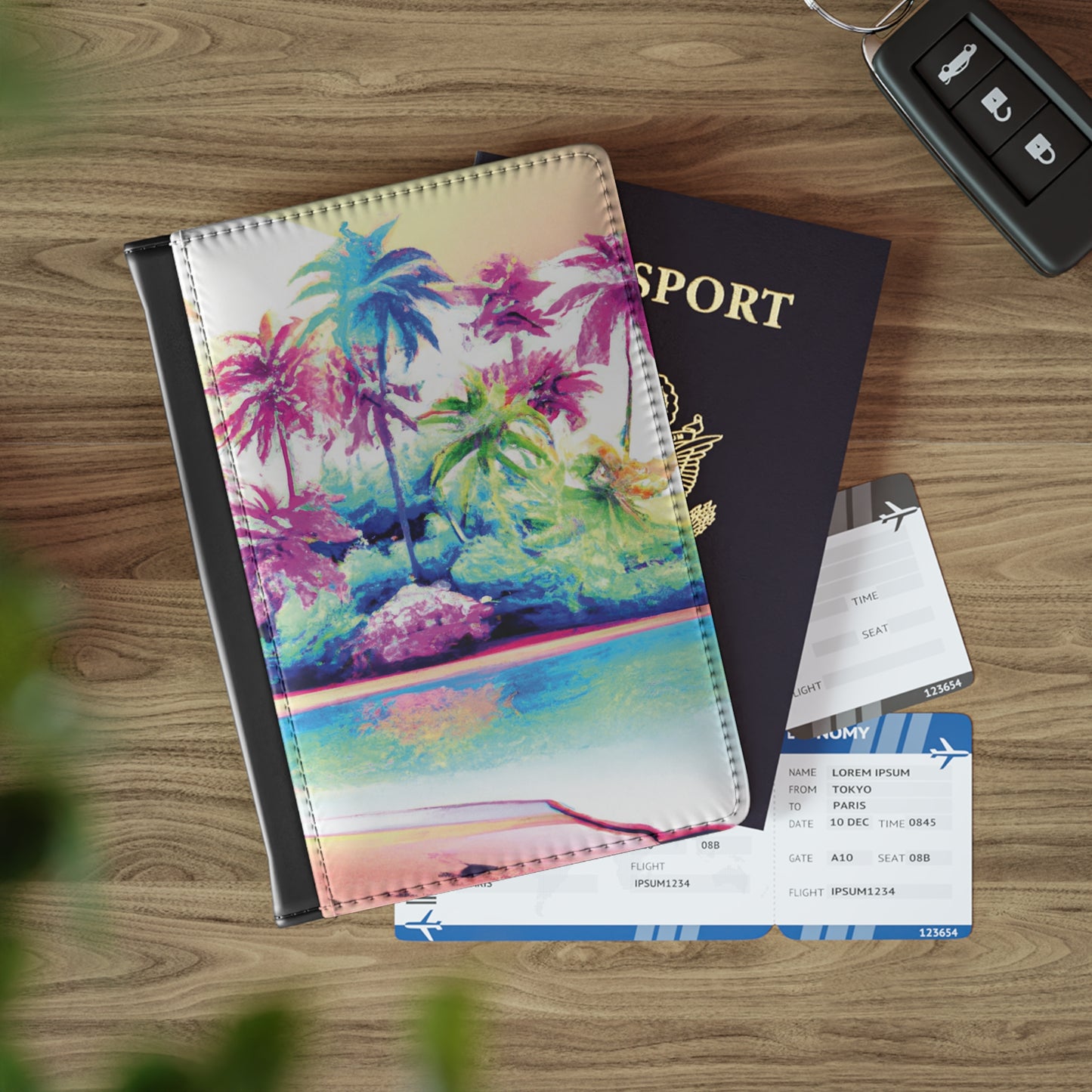 Tropical Passport Cover, Faux Leather - RFID blocking for travel security / Watercolor Beach