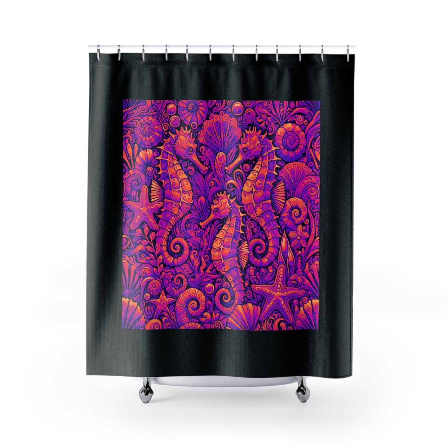 Tropical Shower Curtain - Ocean Bathroom Decor / Seahorse Trio Heatwave/Black