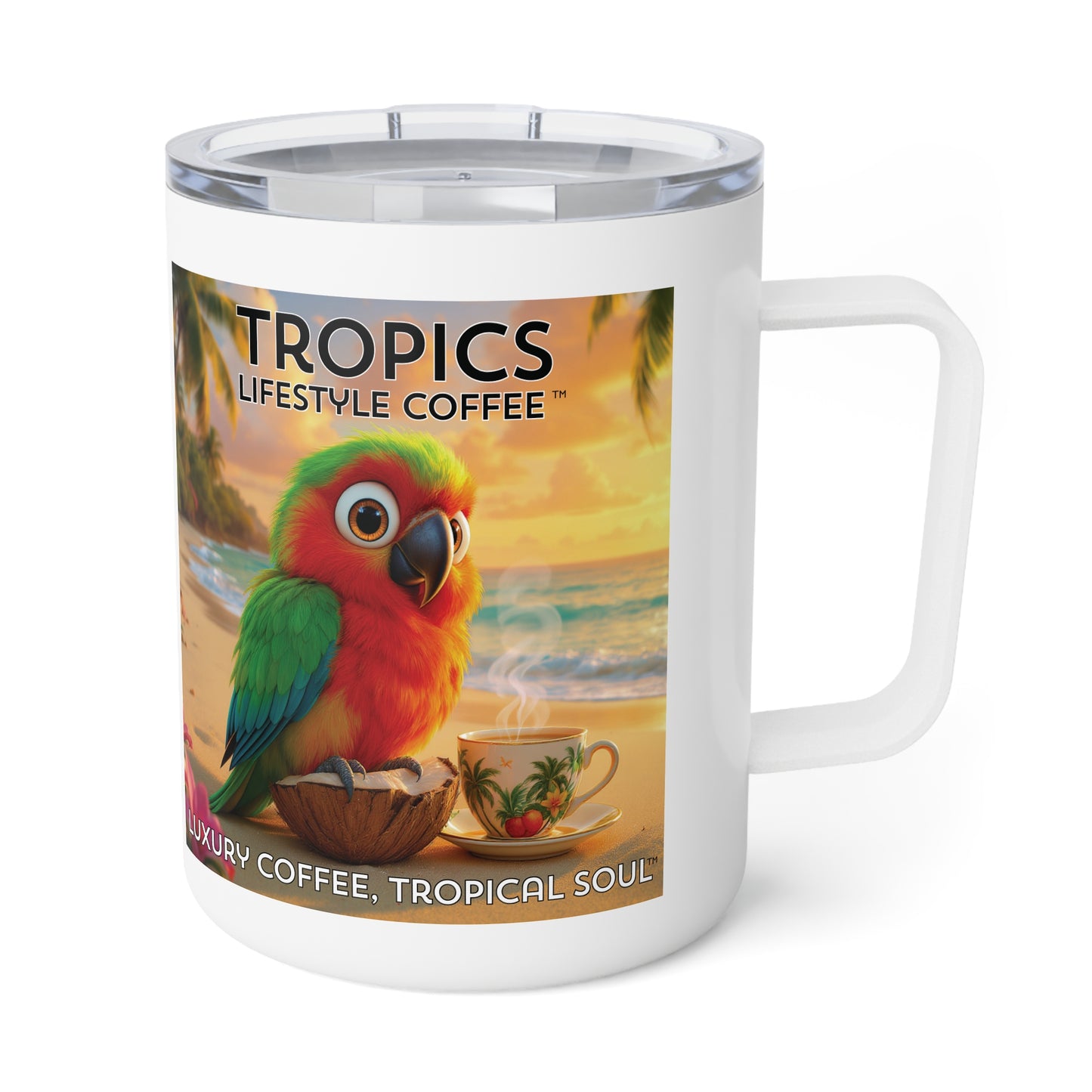 Tropical Insulated Coffee Mug, 10oz / Parrot Tiki