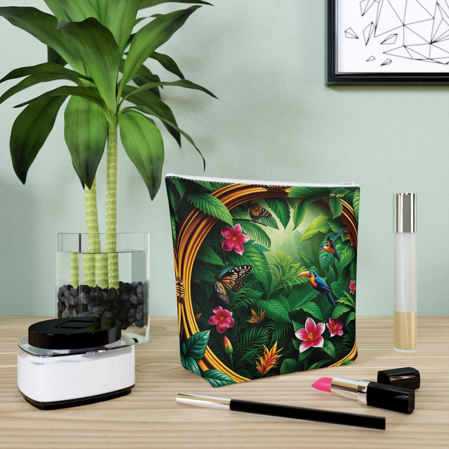 Tropical Cotton Cosmetic Bag - Makeup Pouch, 5 Sizes / Framed Rainforest