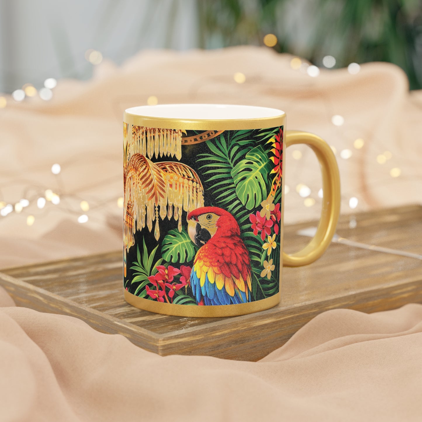 Tropical Chandelier Metallic Mug — Gold & Silver Floral Travel Coffee Cup