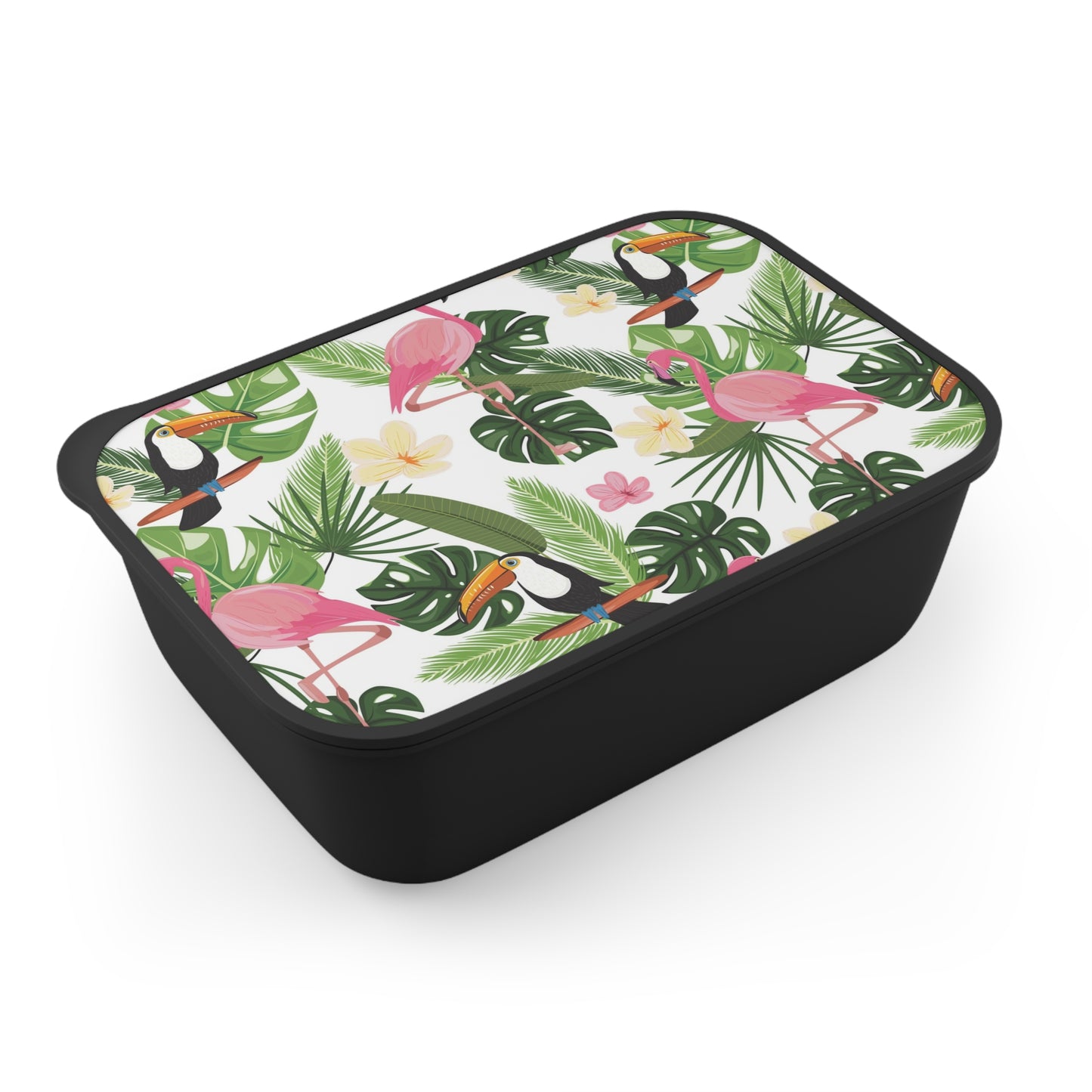 Bento Box with Utensils - Flamingos With Tropical Birds in Rainforest