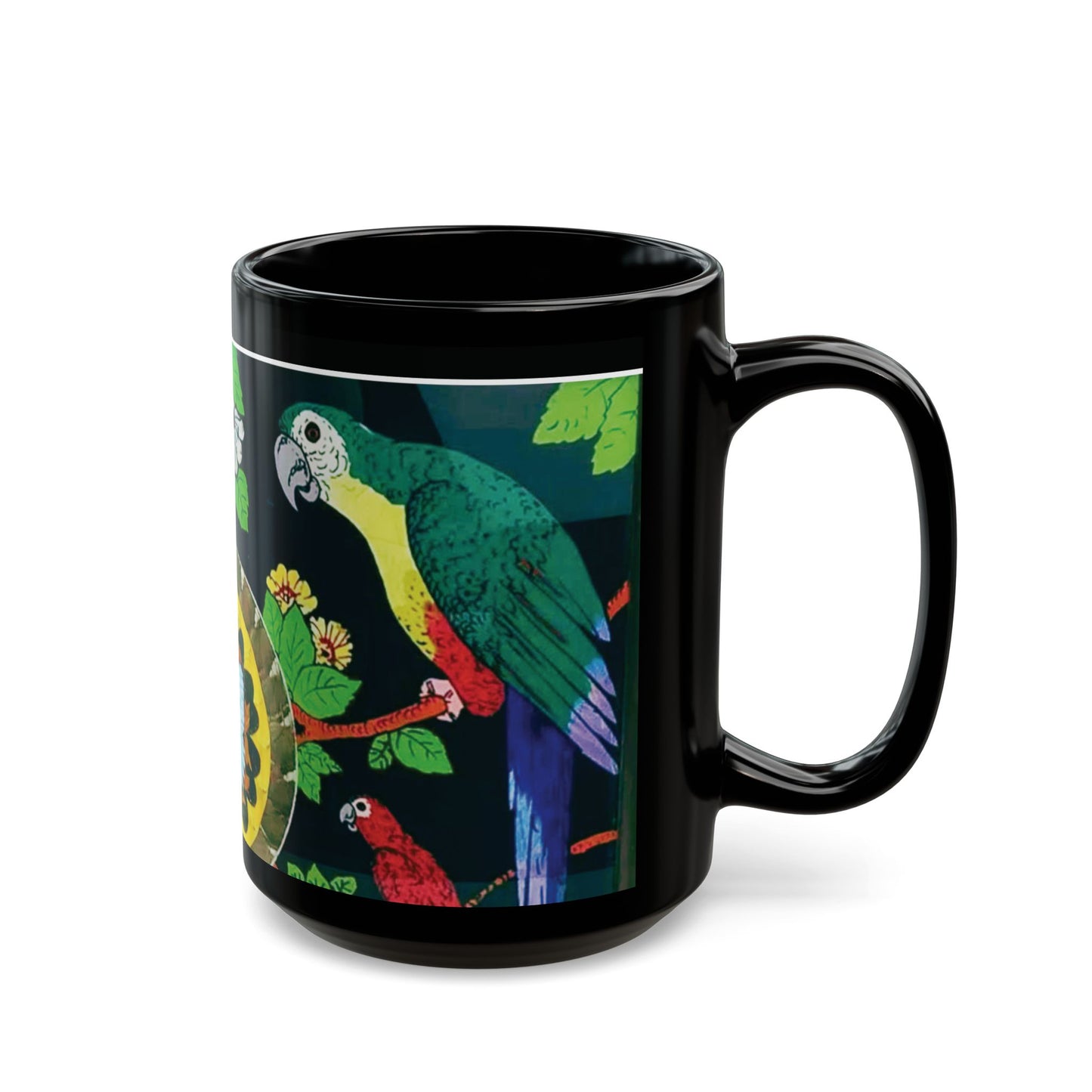 Black Coffee Mug, 2 Sizes - Parrots & Butterfly/Real Wings