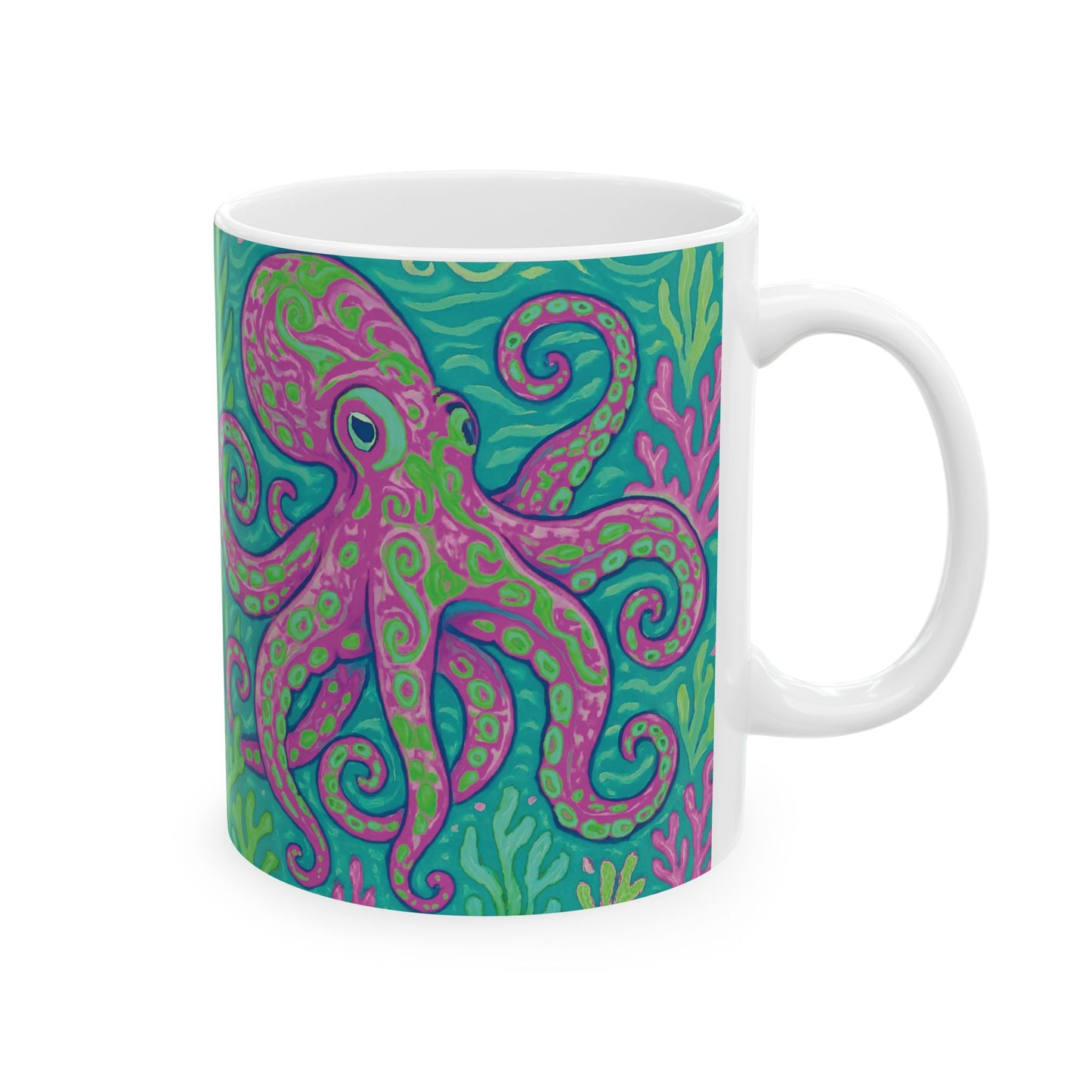 Ceramic White Mug - 11oz & 15oz, Purple Octopus Kraken Joe