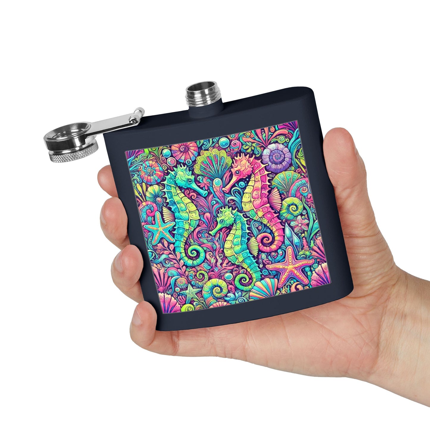 Tropical Stainless Steel 6 oz. Flask, Many Colors  – Seahorse Trio
