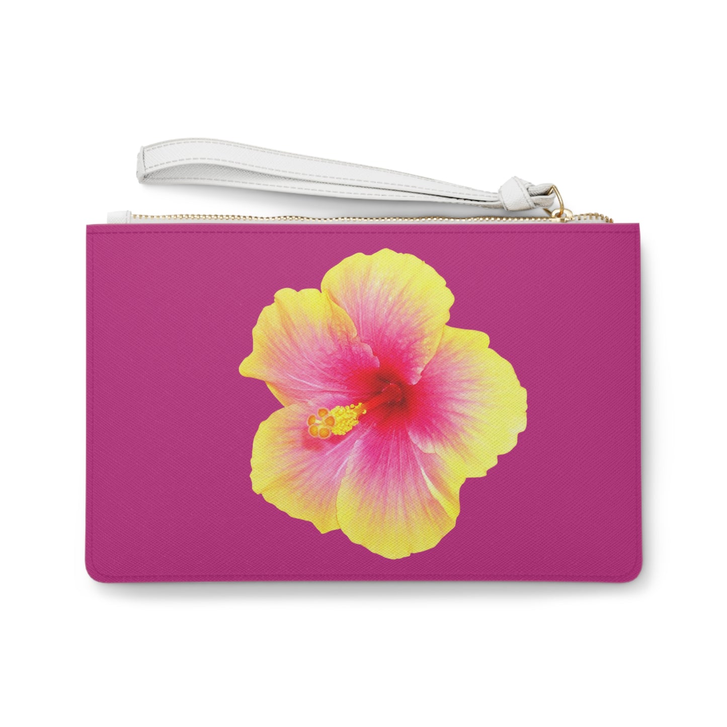 Tropical Faux Leather Clutch Bag - Perfect for Beach Adventures & Summer Vacations / Photo Yellow Hibiscus, Pink