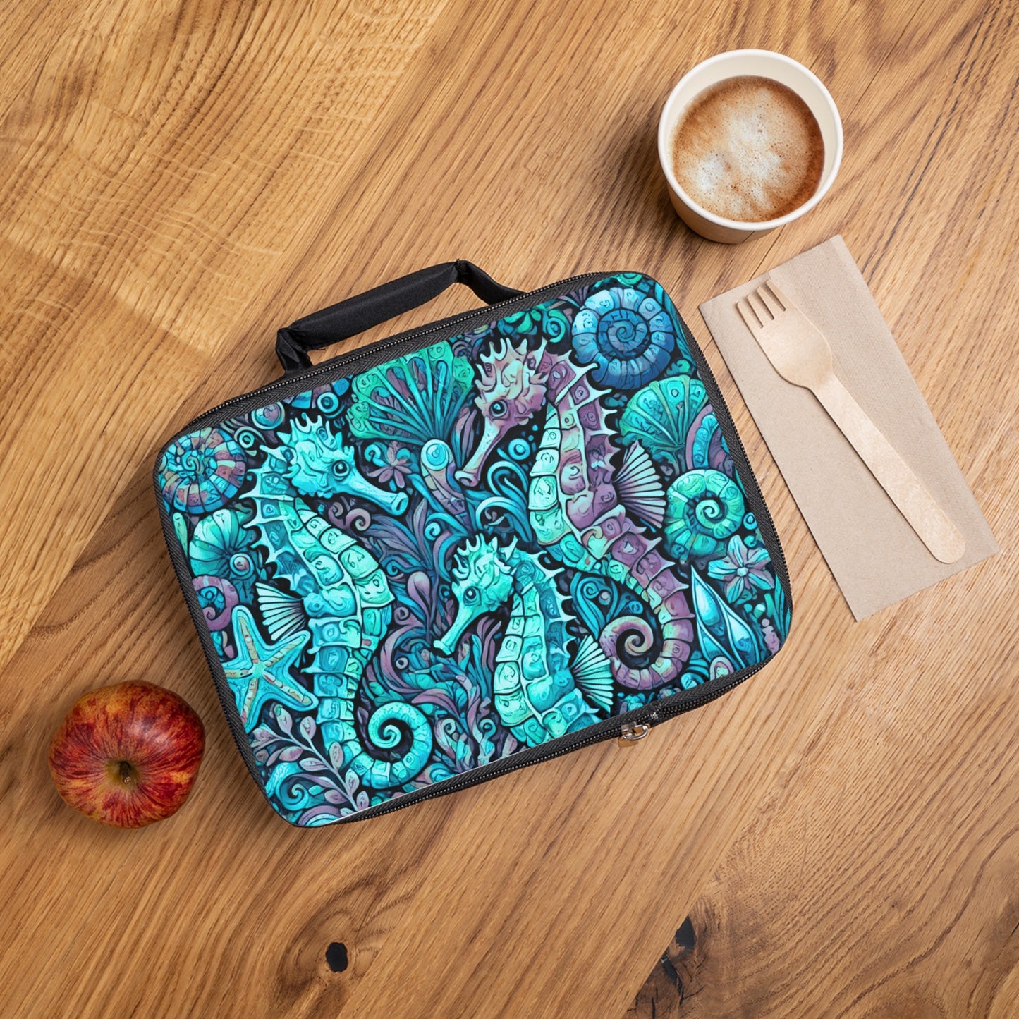 Seahorse Trio/Turquoise Lunch Bag - Eco-Friendly Insulated Tote, Adult and Child Lunchbox / Perfect for Picnics, Beach Outings