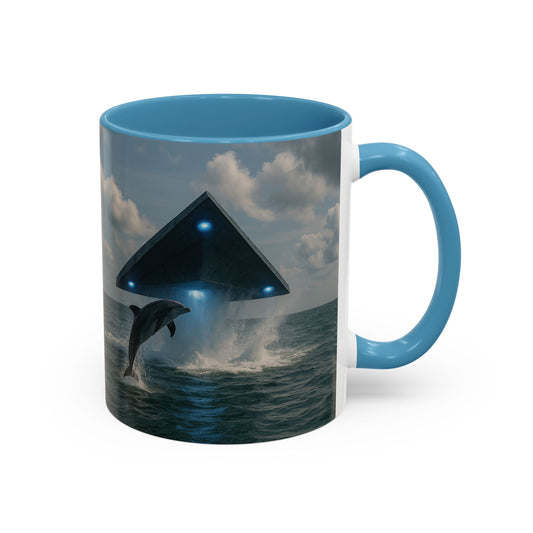 Accent Coffee Mug (11, 15oz), 8 Colors - UFO and Dolphin