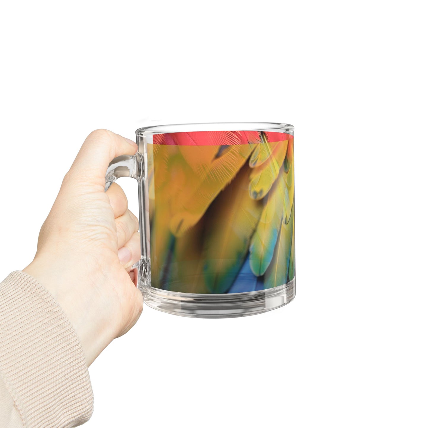 Tropical Glass Mug - 10oz Coffee Cup / Macaw Feathers