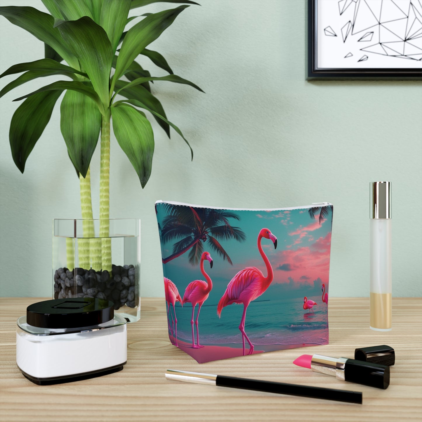 Tropical Cotton Cosmetic Bag, Makeup Pouch, 5 Sizes / Neon Flamingos at Night