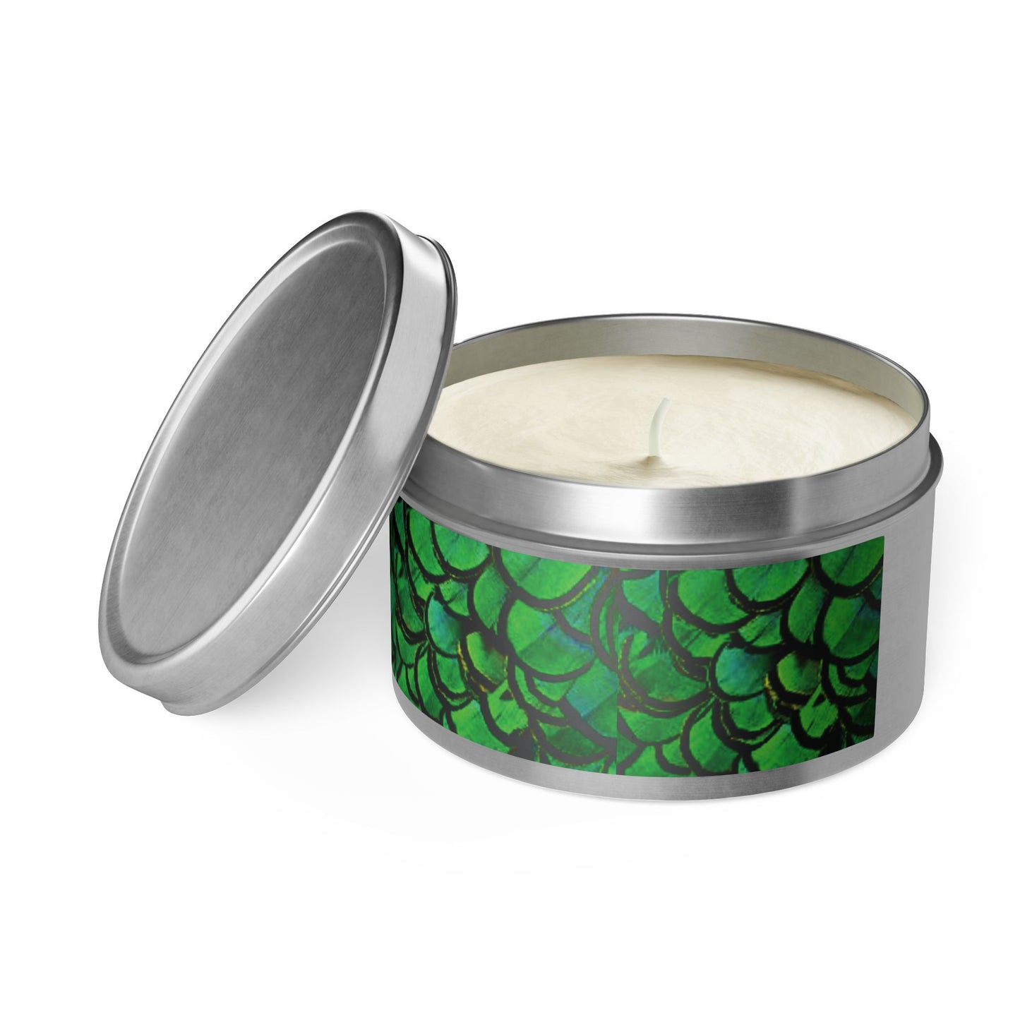 Tin Candles, 2 sizes, 3 tin colors - Green Peacock