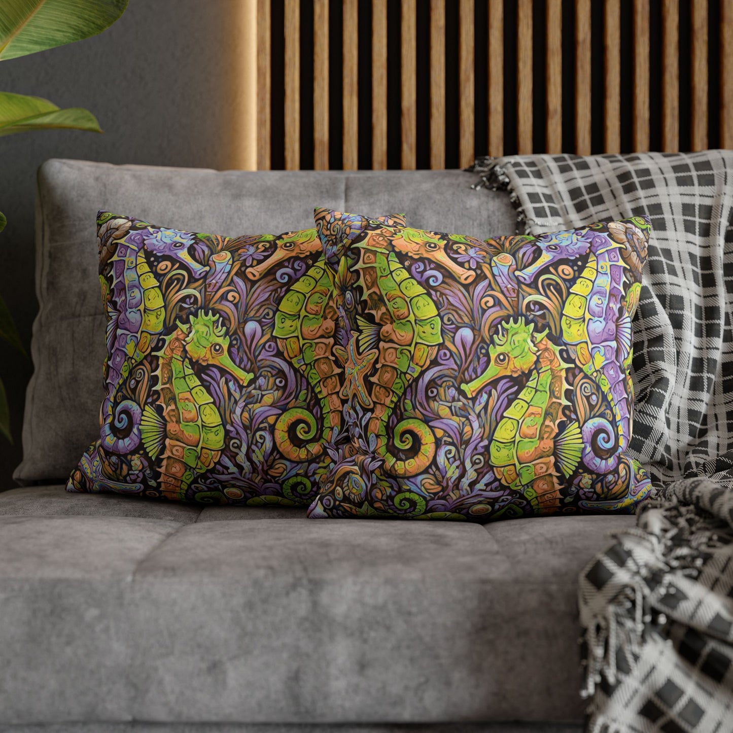 Faux Suede Square Pillowcase - Seahorse Trio, Purple