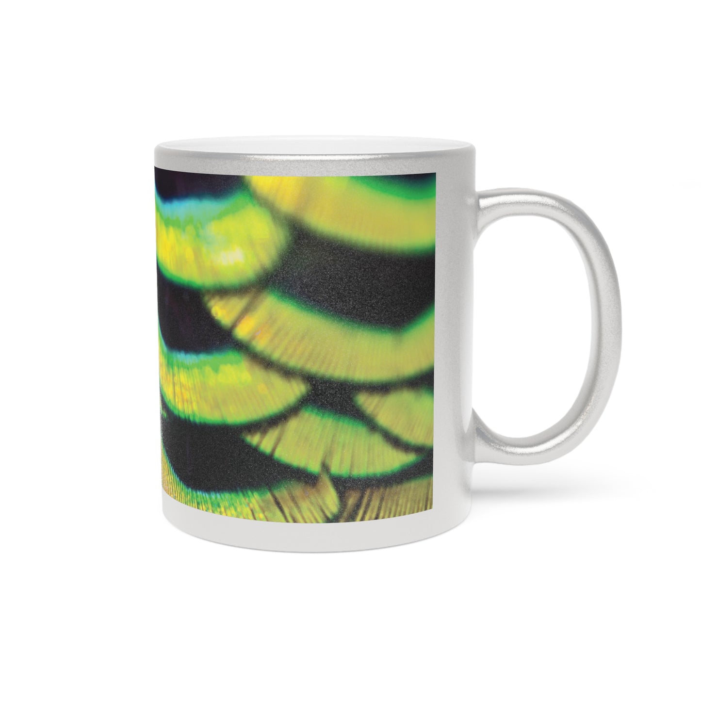 Colorful Flower Metallic Mug, Gold or Silver - Yellow Peacock Feathers