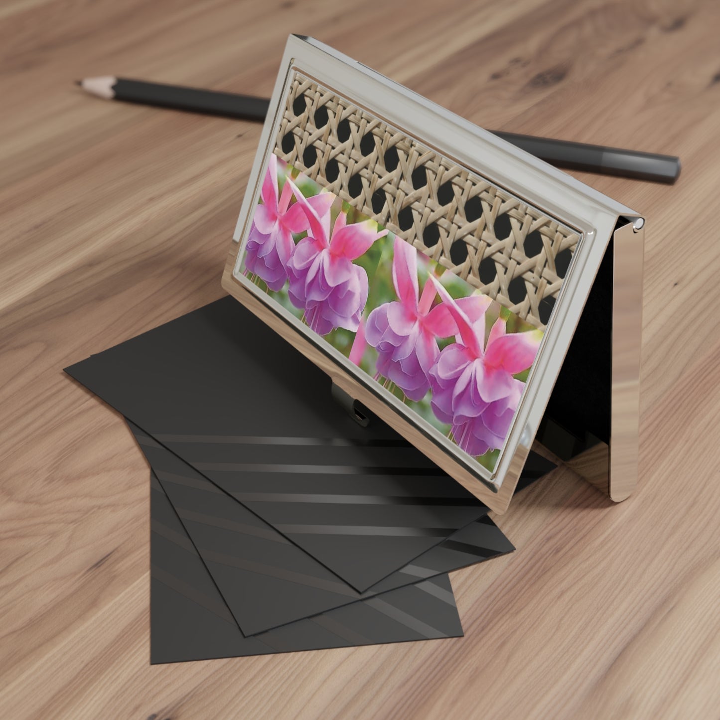 Business Card Holder/Case - Wicker and Pink Fuschias