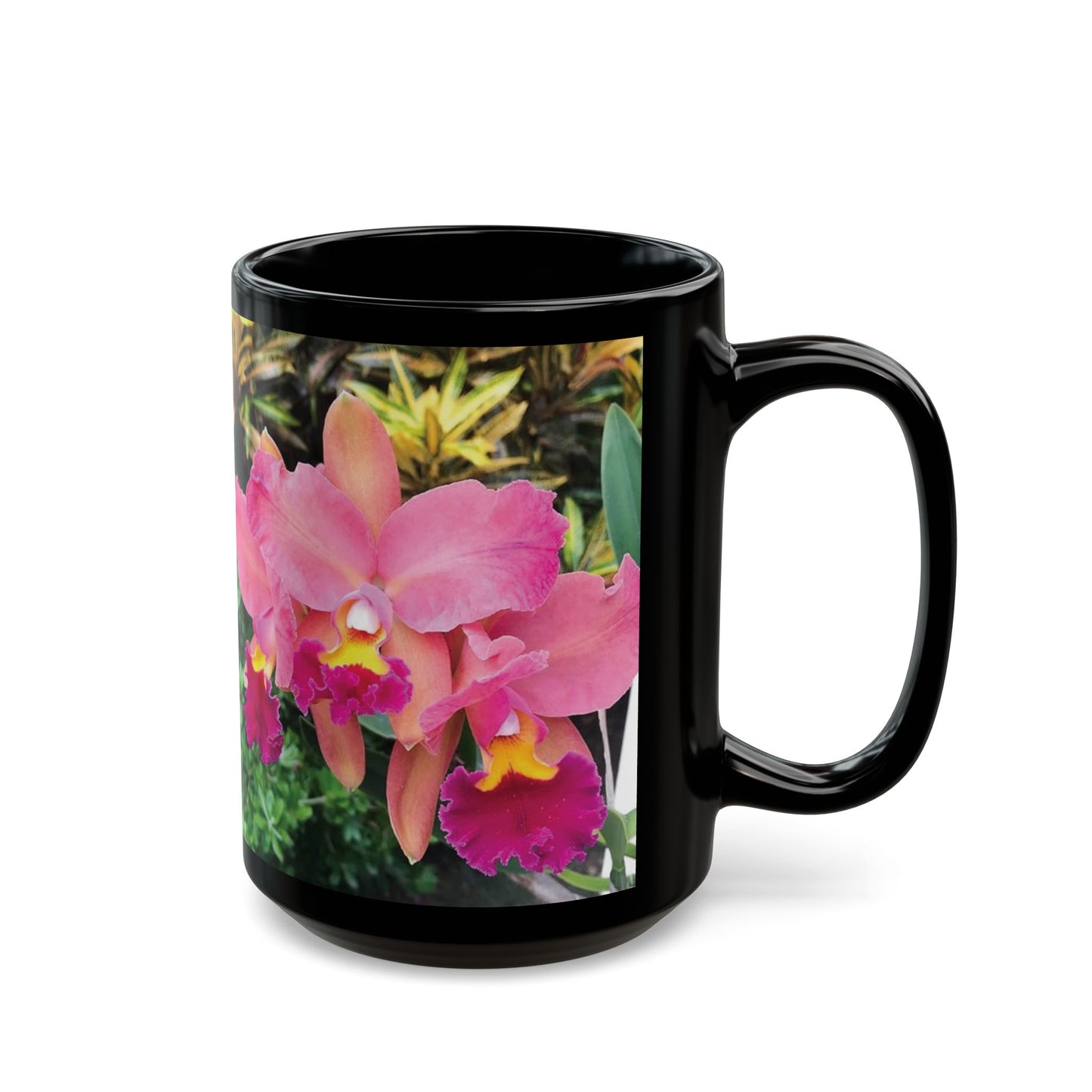 Black Coffee Mug - Triple Pink Orchids