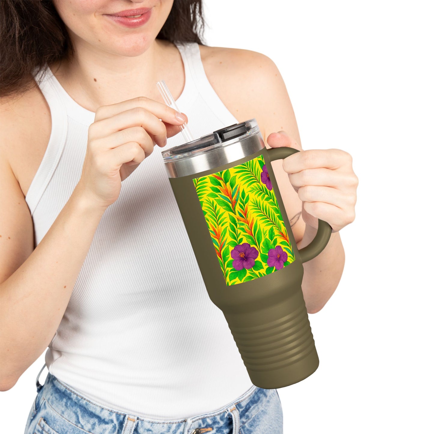 Midnight Flower Yellow Insulated Travel Mug - 40oz - Perfect for Outdoor Adventures