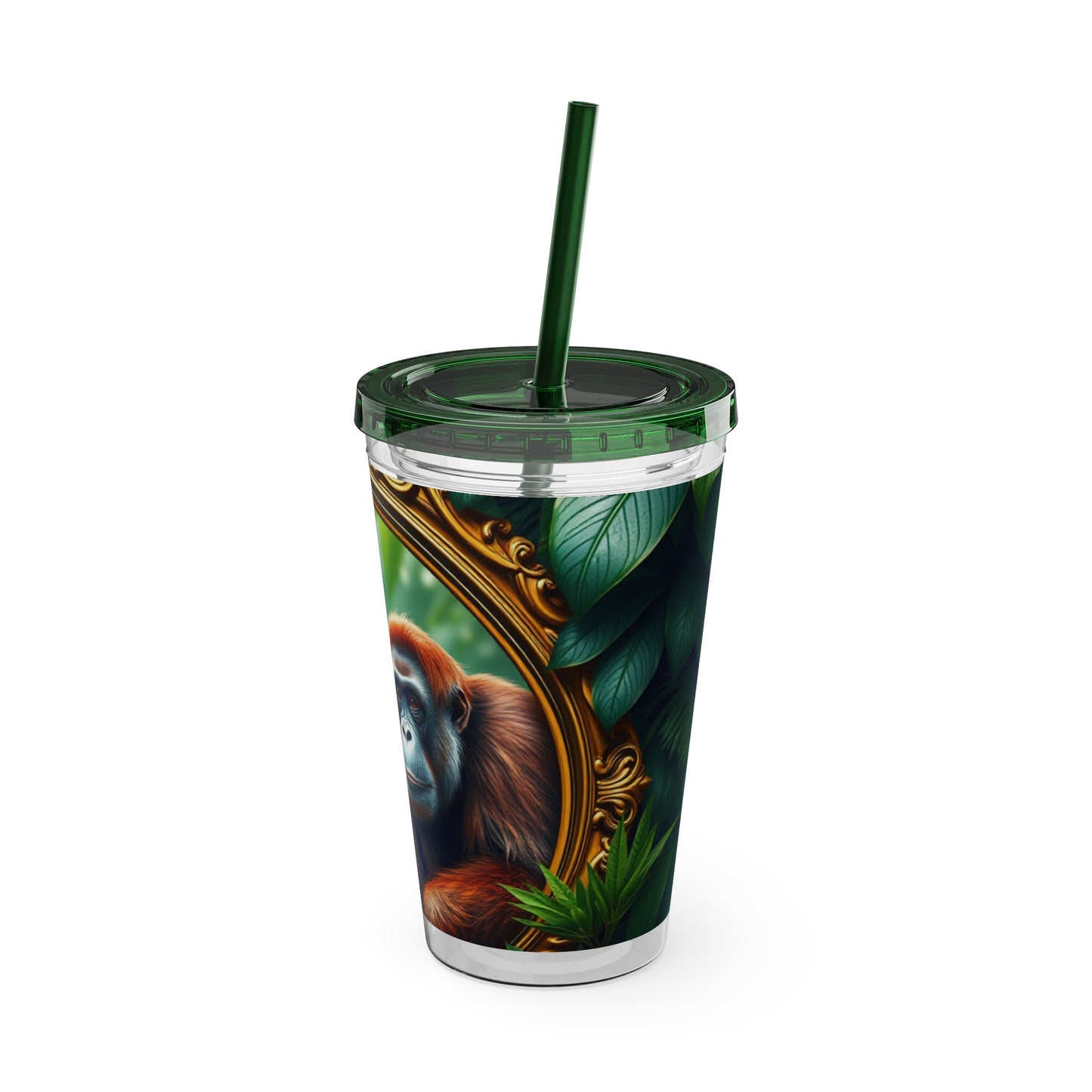 Tropical Tumbler with Straw | 16oz Colorful Travel Cup / Framed Orangutan Apes