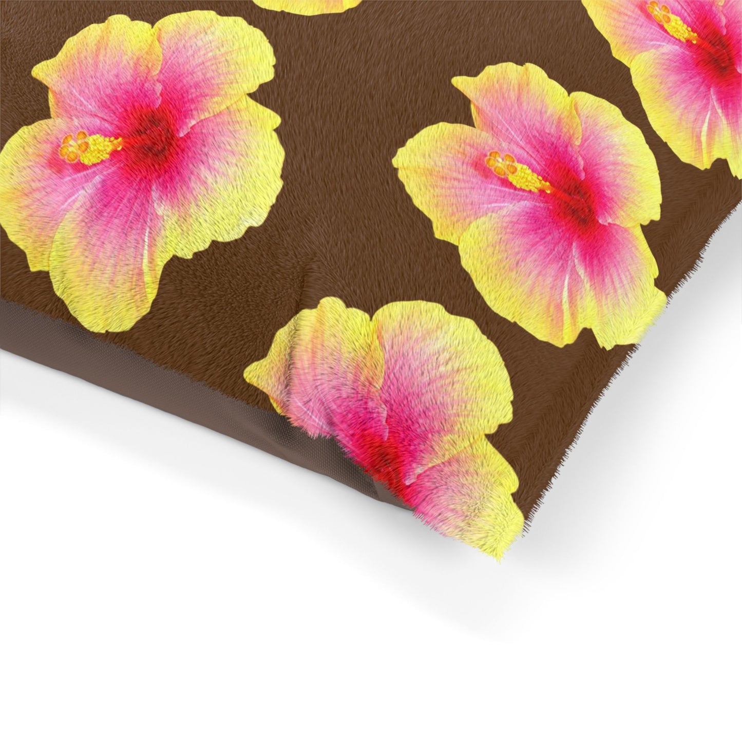 Pet Bed - Cozy and Fun Dog or Cat Bed for Beach Lovers / Real Yellow & Pink Hibiscus/Brown