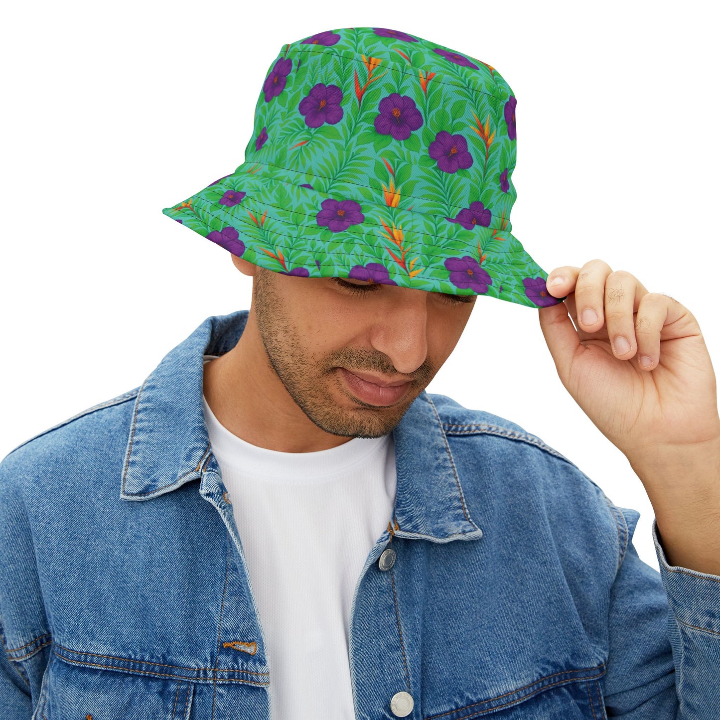Tropical Polyester Bucket Hat, 2 Sizes - Midnight Flower Green