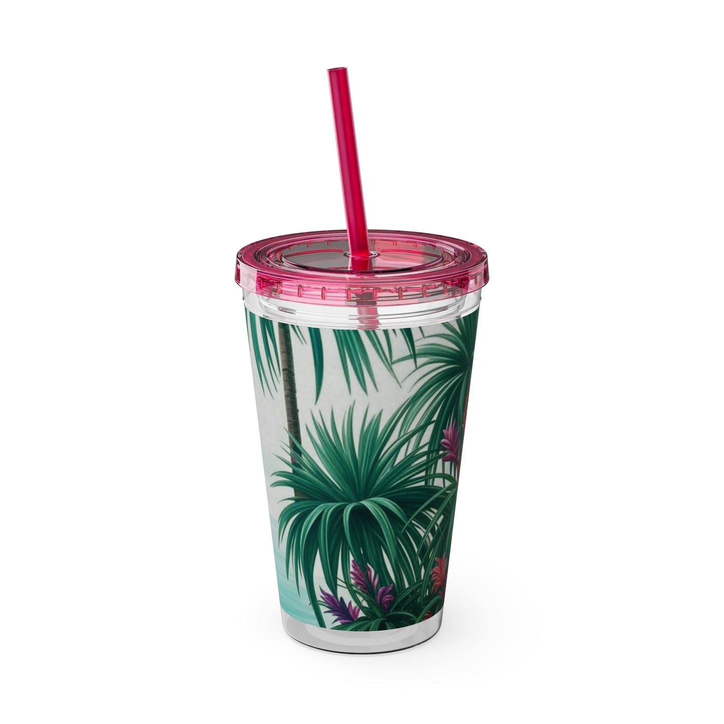Tropical Tumbler with Straw | 16oz Colorful Travel Cup / Tiny Palm Island