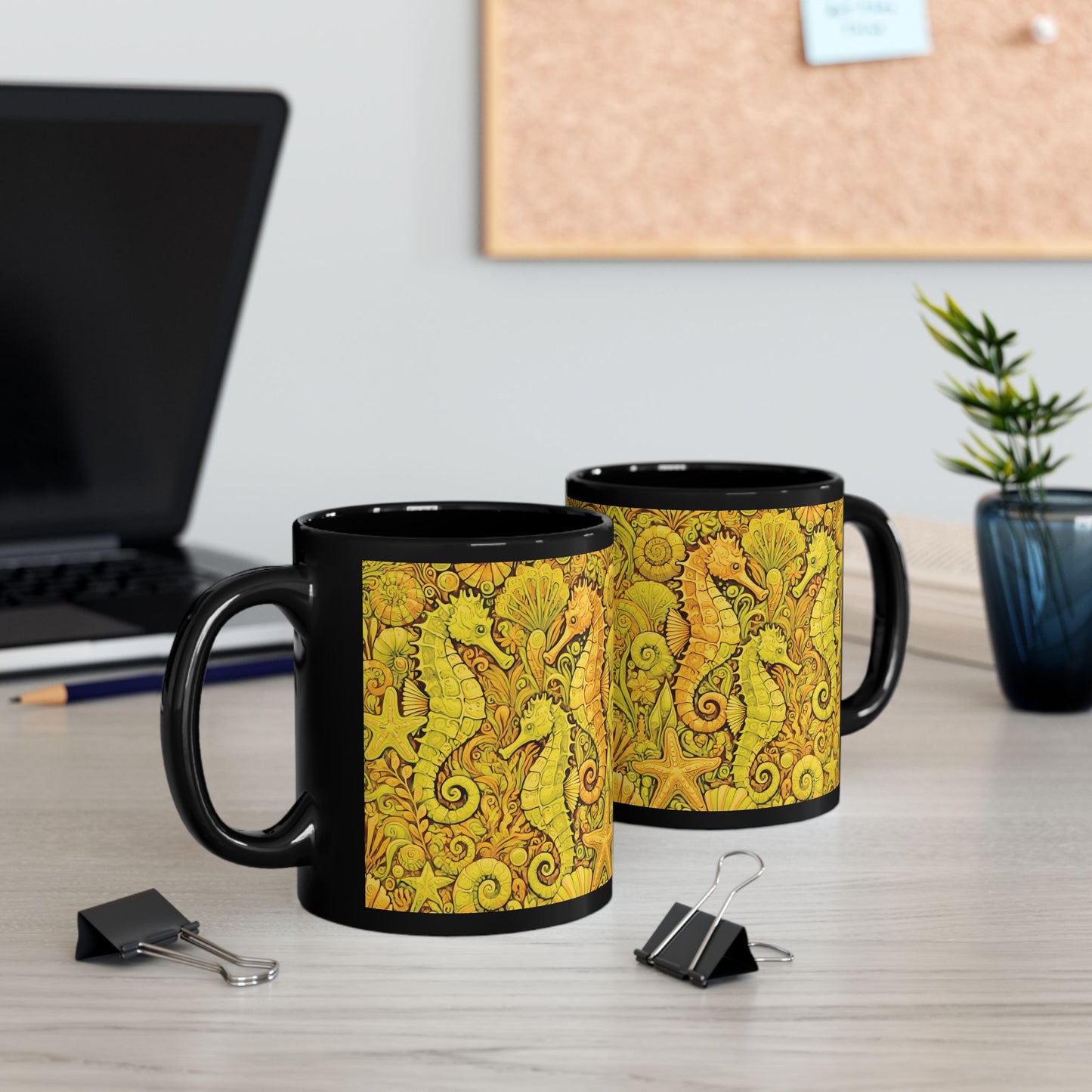 Black Coffee Mug - Seahorse Fantasy, Yellow