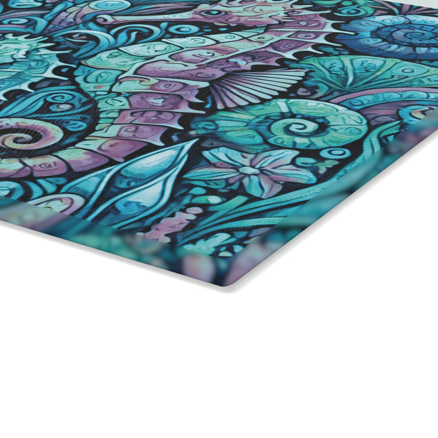 Glass Cutting Board, 2 sizes - Seahorses/Turquoise