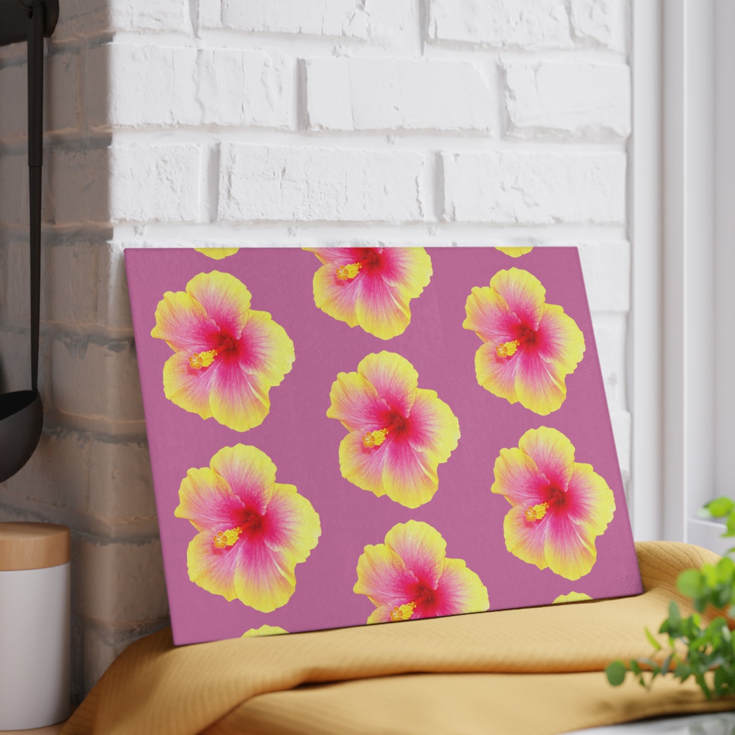 Glass Cutting Board, 2 sizes - Real Yellow & Pink Hibiscus/Lt. Pink