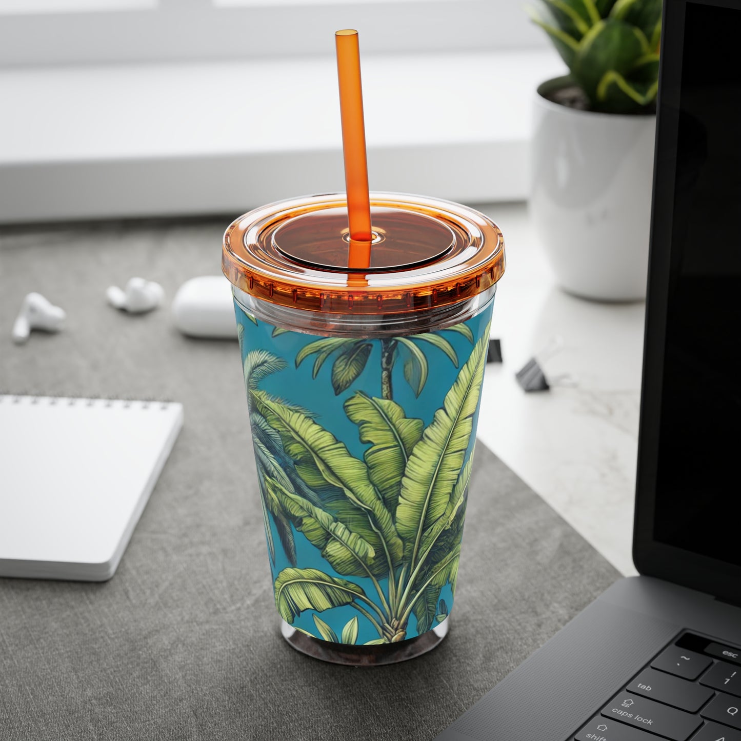 Tropical Tumbler with Straw | 16oz Colorful Travel Cup / Tropical Fruit Blue