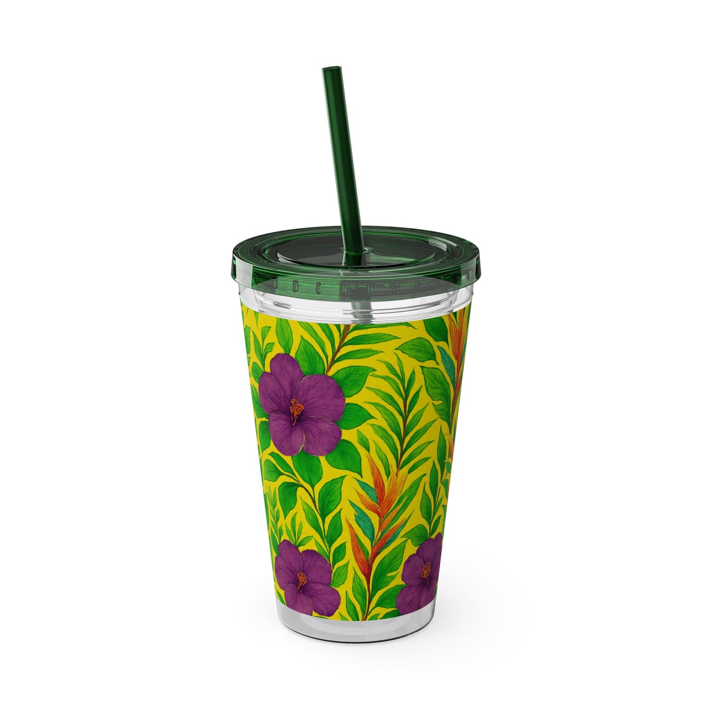 Tropical Tumbler with Straw | 16oz Colorful Travel Cup / Midnight Flower Yellow