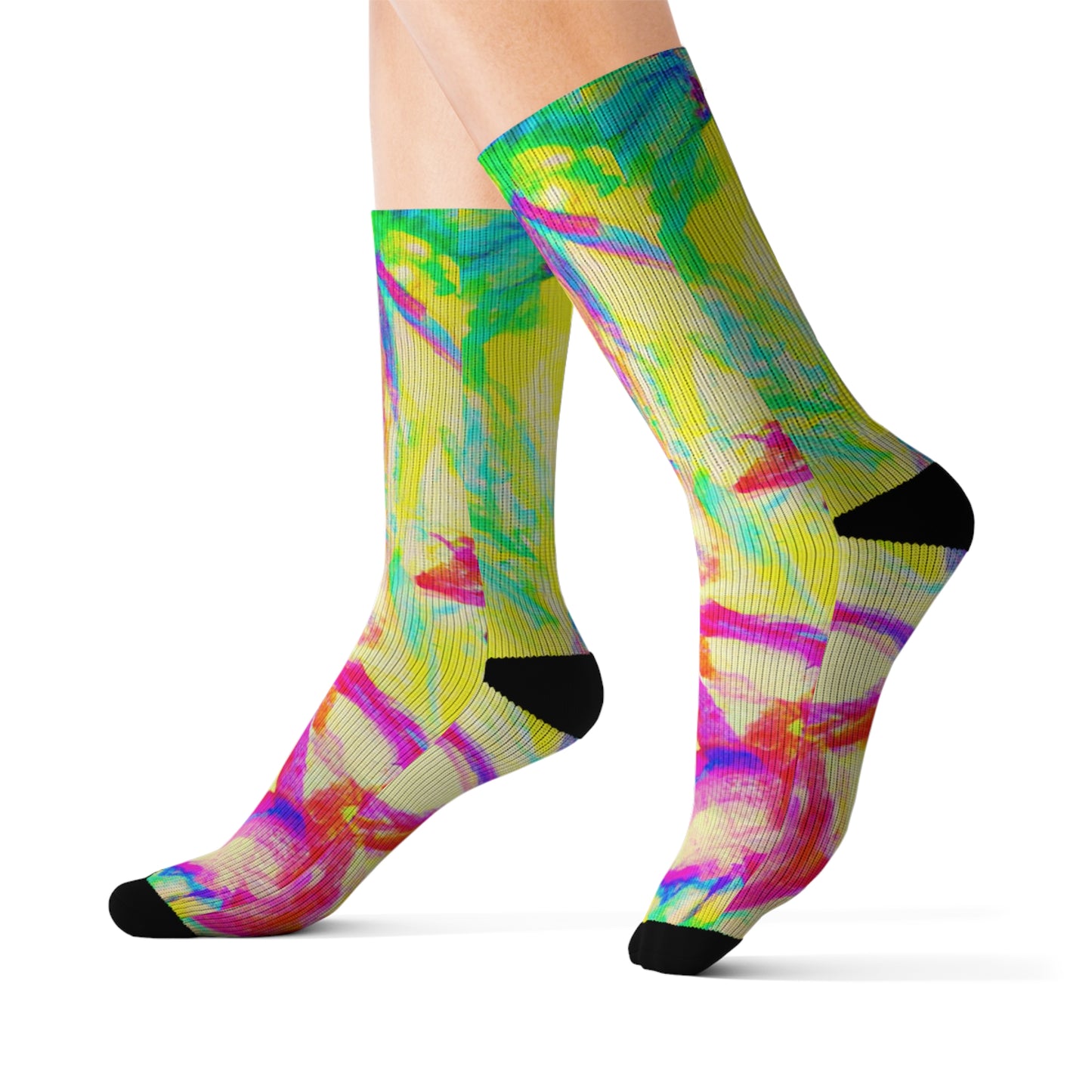 Yellow Tropical Doodles Sublimation Fleece-Lined Socks - Colorful Palm Tree/Flower Design