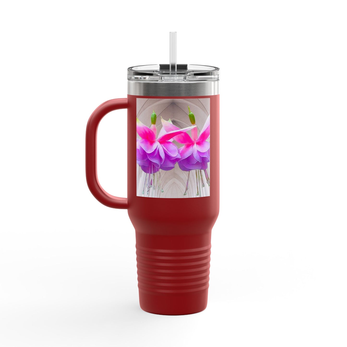 Insulated Travel Mug, 40oz / Floral Two Fuchsias, Gothic - Perfect for Outdoor Adventures