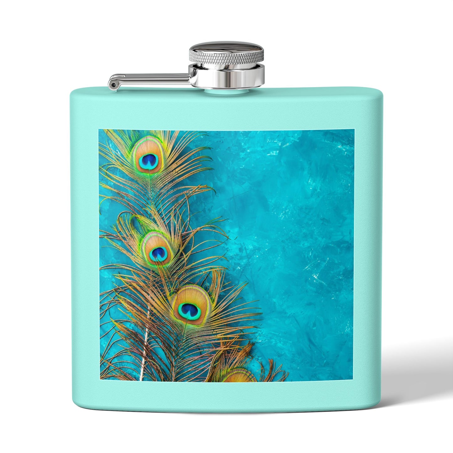 Tropical Stainless Steel 6 oz. Flask, Many Colors  – Peacock Turquoise Glow