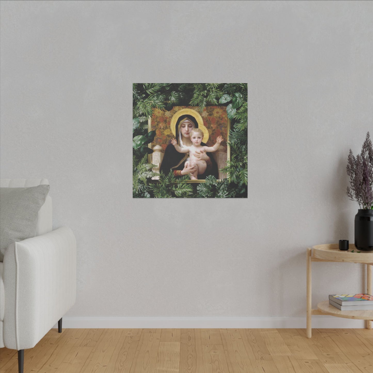 "Tropical Madonna of Lilies" Religious Canvas Artwork - Stretched Canvas Print / Virgin Mary & Jesus