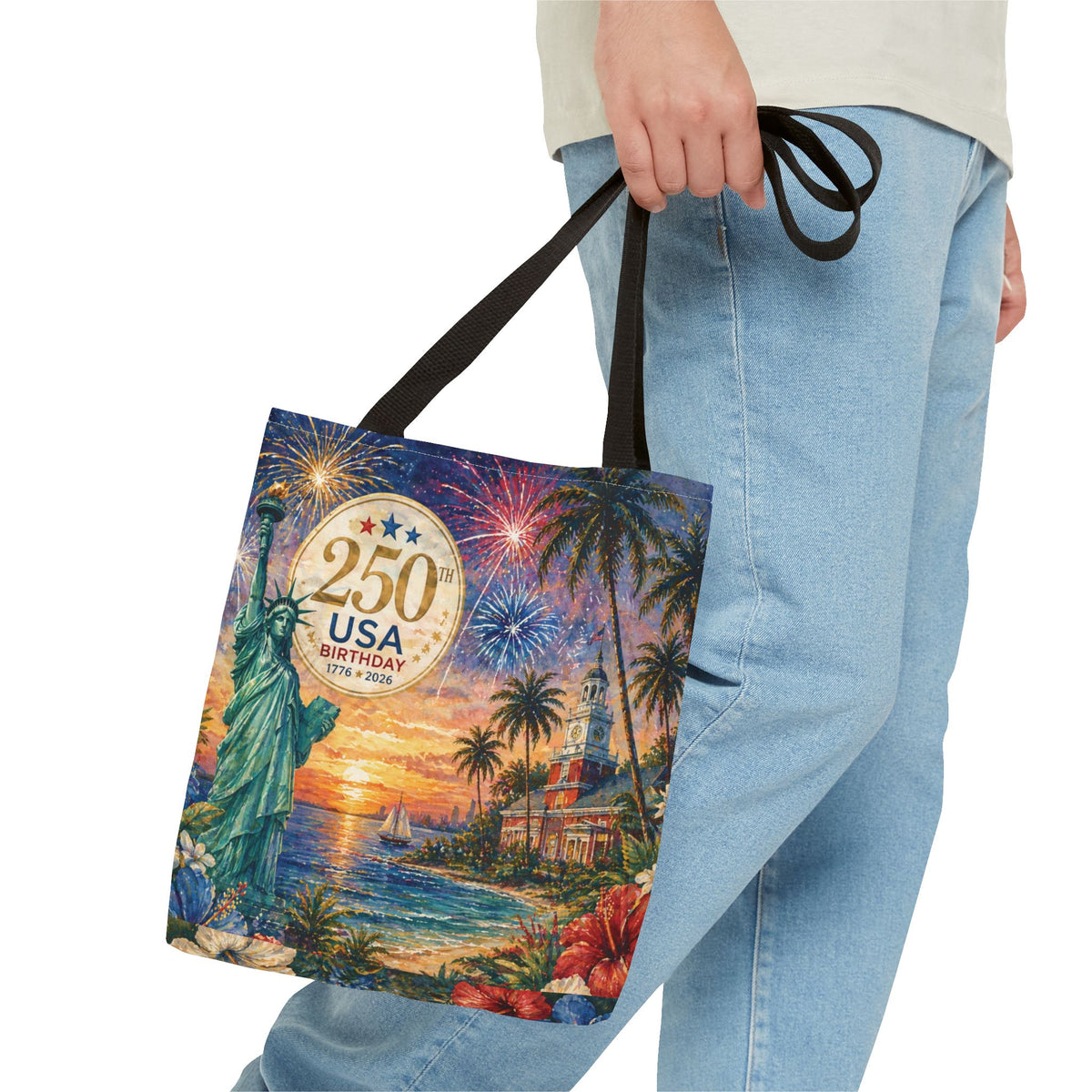 Tote Bag — 250th USA Birthday Patriotic Beach Tote with Statue of Liberty & Fireworks
