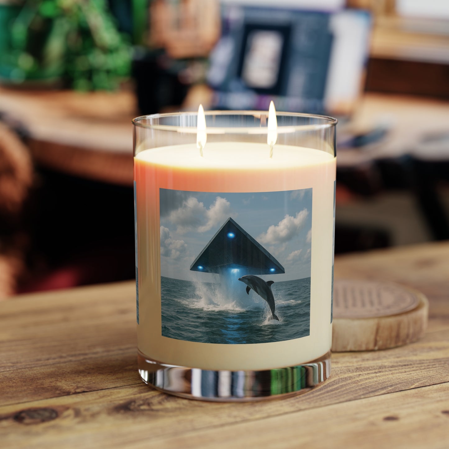 UFO and Dolphin Scented Candle - 11oz Full Glass, Mysterious Tropical Decor