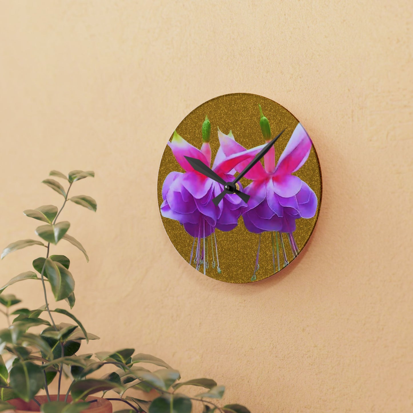 Acrylic Wall Clock, Two Fuchsias/Gold, 4 Variants