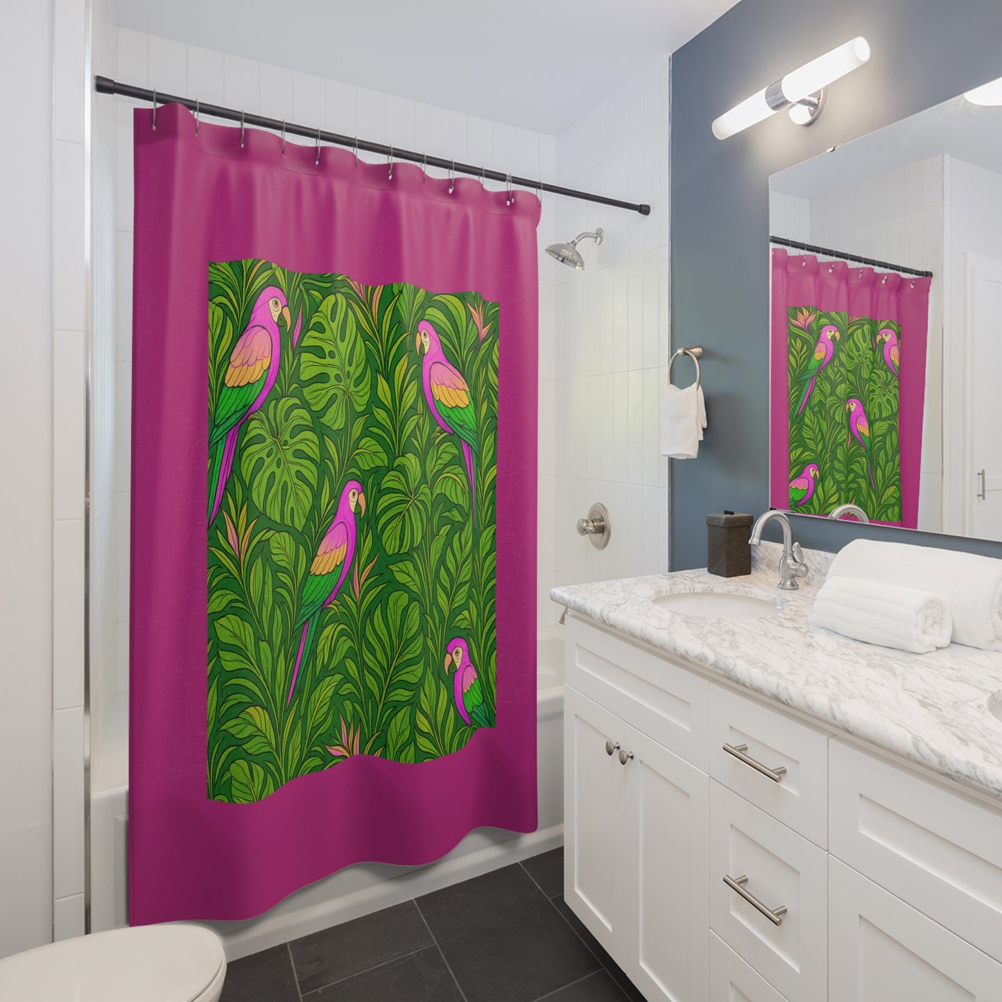 Tropical Shower Curtain - Ocean Bathroom Decor / Parrot Family/Pink, Pink