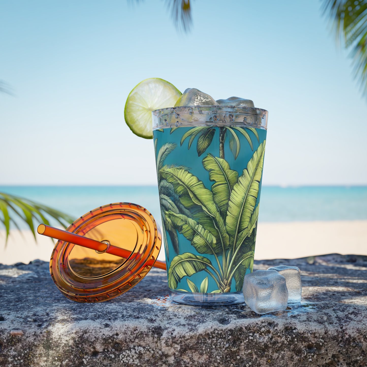 Tropical Tumbler with Straw | 16oz Colorful Travel Cup / Tropical Fruit Blue