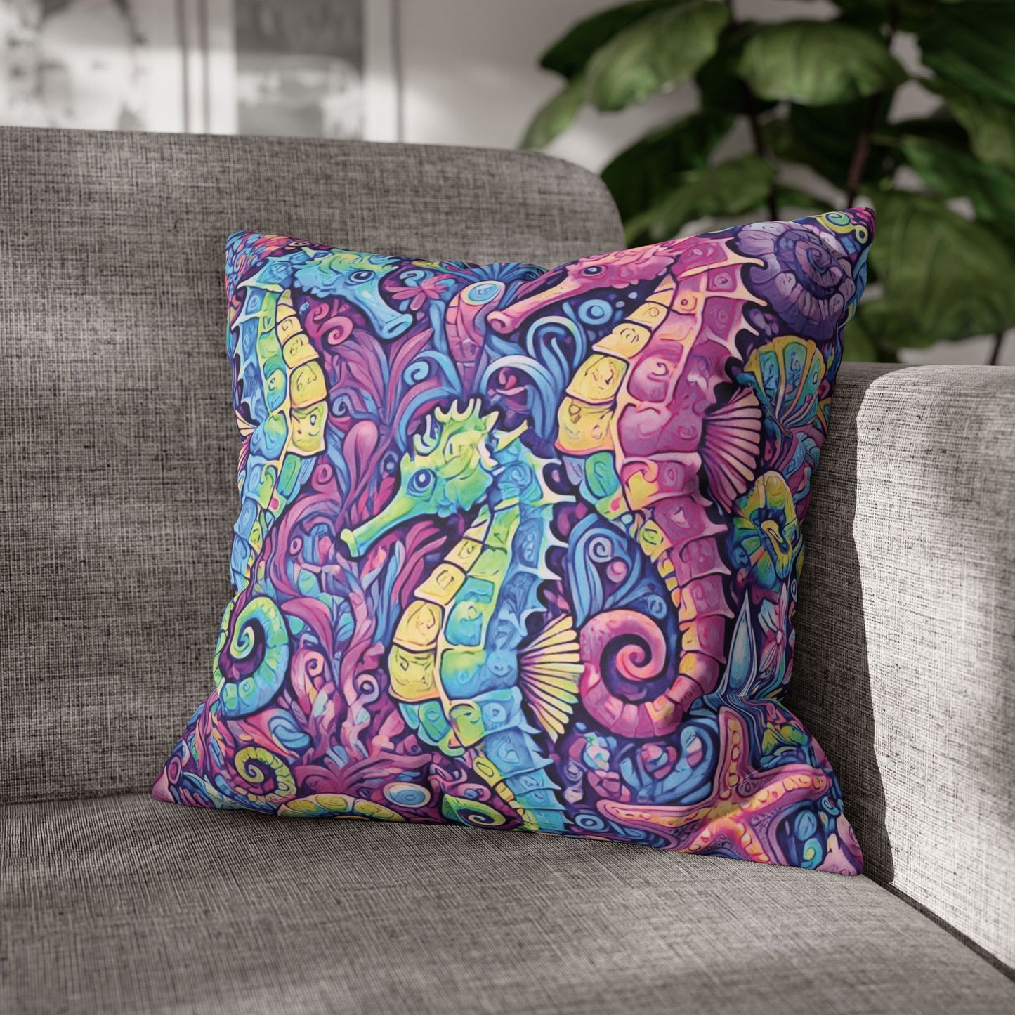 Faux Suede Square Pillowcase - Seahorse Trio/Fantasy Pop