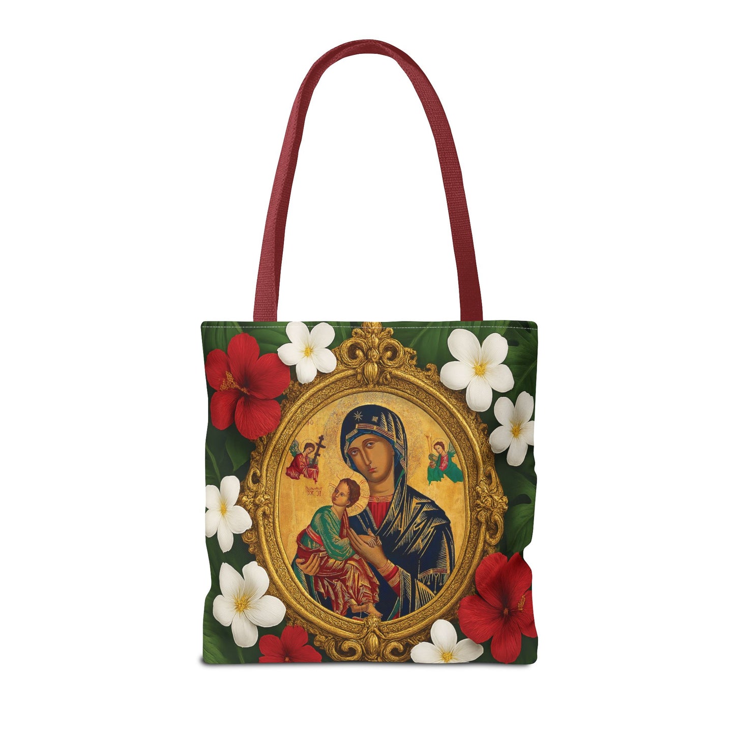 Religious Art Polyester Tote Bag, 3 Sizes / Our Lady of Perpetual Help, Red Flowers